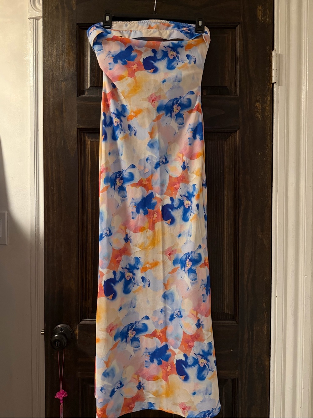 Strapless Floral Midi Dress - Blue, Coral, Yellow